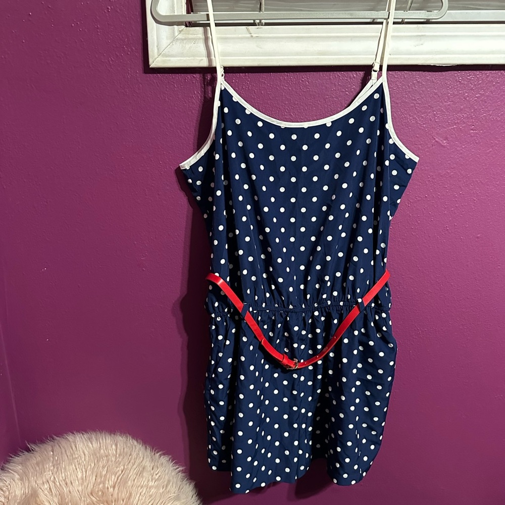 NWT Navy blue polka-dot romper with pockets